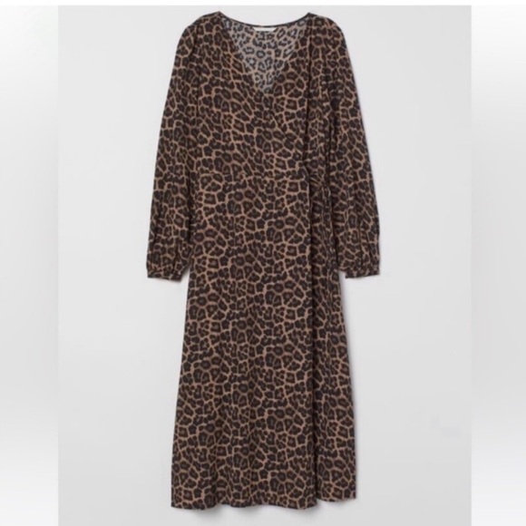 H&M Animal Print Dress midi Cheetah size 4 wrap long sleeves v‎ neck classic - Picture 2 of 13